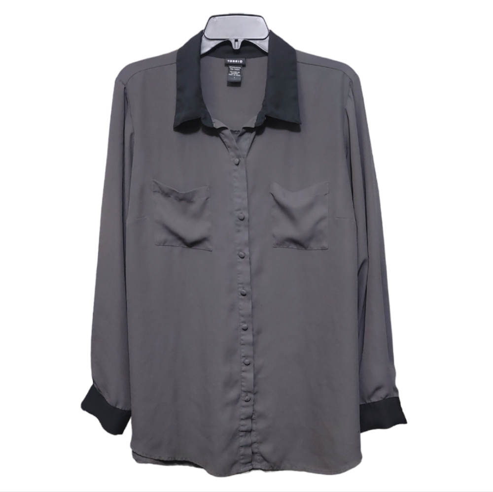 Torrid Gray Black Colorblock Sheer Button Down To… - image 8